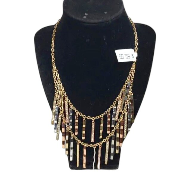 Mixed Metal Fringe Statement Necklace – Gold, Rose & Silver tone Fashion Jewelry - Picture 3 of 12